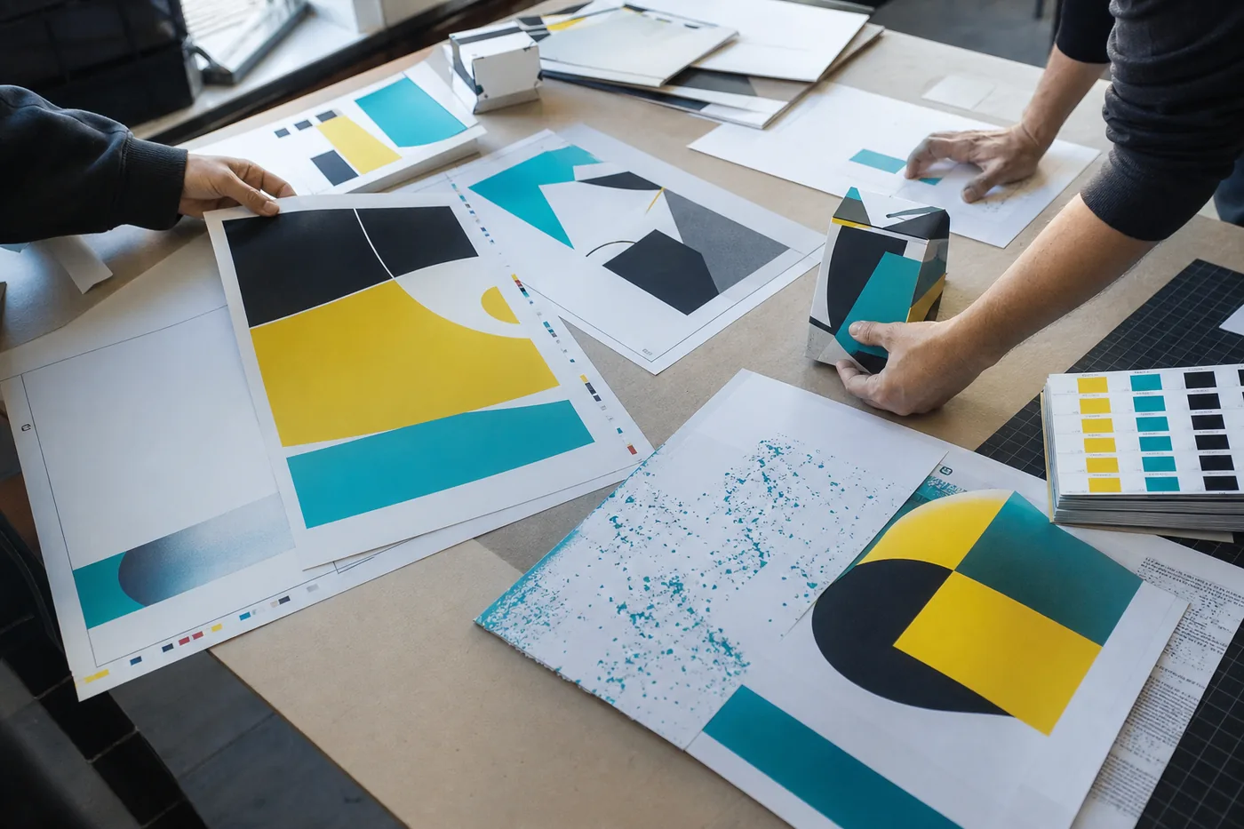 Hands reviewing colorful print proofs, packaging samples, and a color swatch book on a worktable