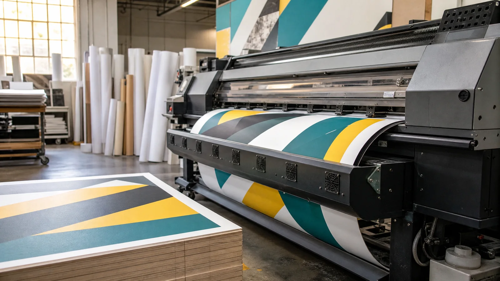 Large-format press printing teal, yellow, and black sheets in a print room