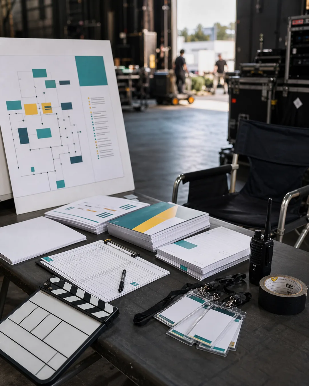 Production-set table with printed call sheets, clipboards, a clapperboard, crew badges, and a walkie-talkie