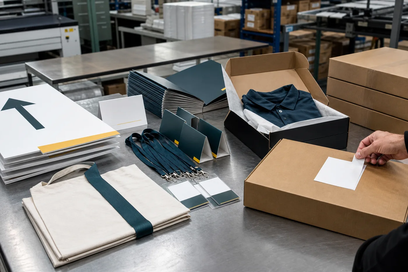 Branded team kit with folders, lanyards, tote bags, and a packaged shirt on a printroom table